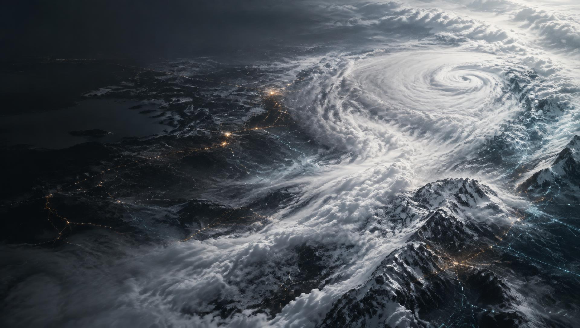 A vast snowstorm system crossing a connected mountain landscape